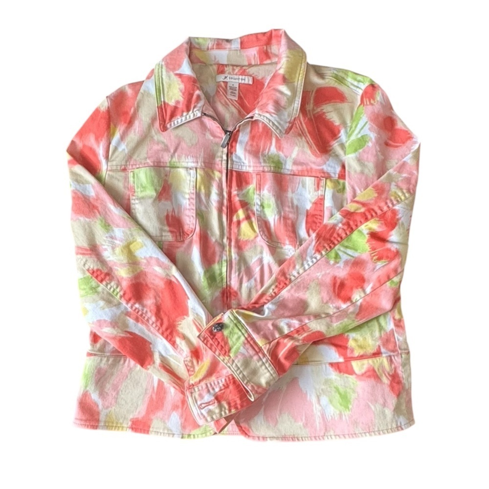 JM Collection orange & Cream Abstract Floral Full-Zip Jacket Size S